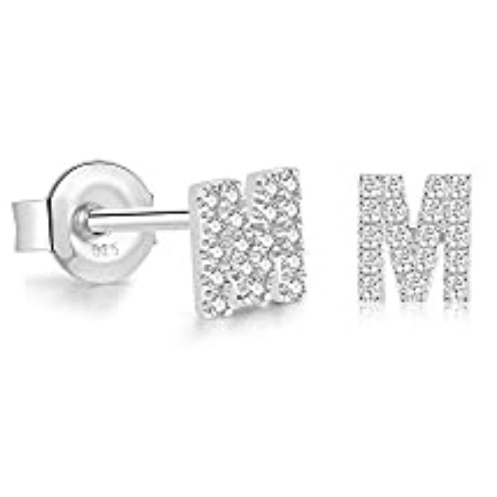 M Initial Sterling Silver Stud Earring with CZ